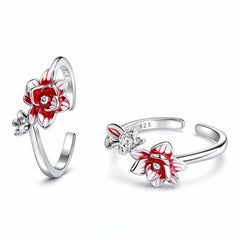 925 Sterling Silver Dual Floral Toe Ring with Red & White Enamel and Crystal Accent
