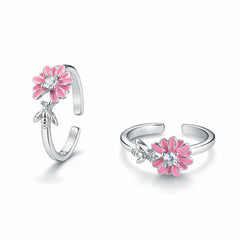 925 Sterling Silver Pink Daisy Toe Ring with Bee Charm & Crystal Accent