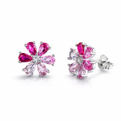 925 Sterling Silver Pink Crystal Flower Stud Earrings (Dual Tone Bloom Design)