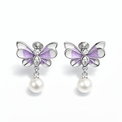 925 Sterling Silver Lavender Butterfly Pearl Drop Earrings