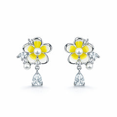 925 Sterling Silver Yellow Daisy Pearl Drop Earrings