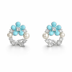 925 Sterling Silver Aqua Floral Pearl Wreath Stud Earrings