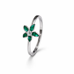 925 Sterling Silver Green Petal Crystal Ring