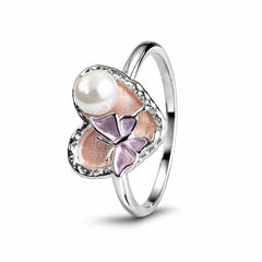 925 Sterling Silver Butterfly Pearl Enamel Ring with Crystal Border