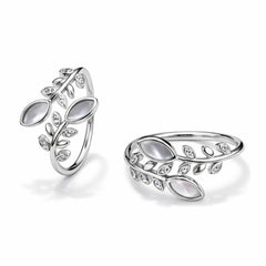 Silver Leaf Design Open Ring with Crystal & Pearl Accents