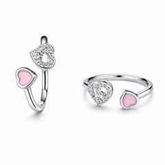 Silver Double Heart Open Ring with Pink Enamel & Crystal Accent