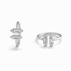 Silver Geometric Dual Bar Open Ring with Crystal Accents