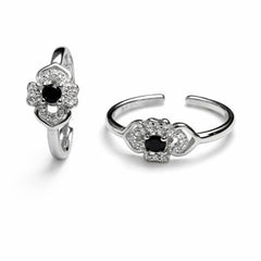 925 Sterling Silver Floral Toe Ring with Black Stone & Crystal Halo