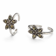 925 Sterling Silver Antique Petal Flower Toe Ring with Marcasite Stones