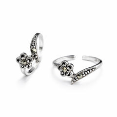 925 Sterling Silver Antique Floral Curve Toe Ring with Marcasite Stones