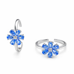 925 Sterling Silver Sky Blue Floral Toe Ring with Crystal Center