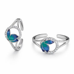 925 Sterling Silver Blue Green Enamel Leaf Toe Ring with Crystal Halo Design