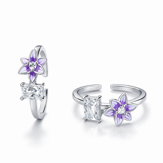925 Sterling Silver Floral Crystal Toe Ring with Purple Enamel & Emerald Cut Stone