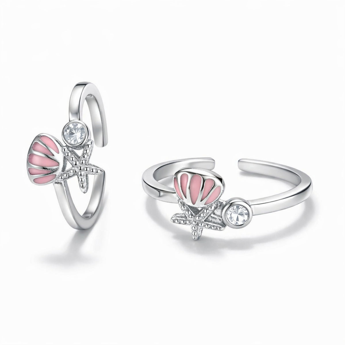 925 Sterling Silver Seashell & Starfish Toe Ring with Pink Enamel & Crystal