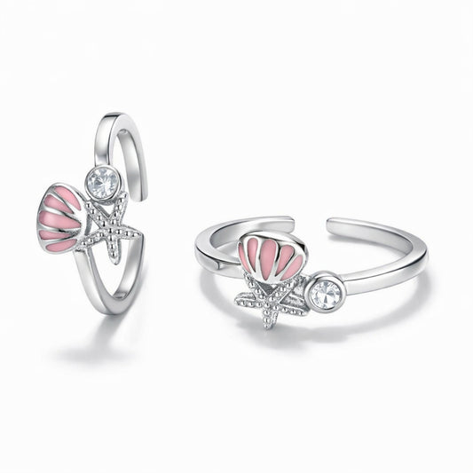925 Sterling Silver Seashell & Starfish Toe Ring with Pink Enamel & Crystal