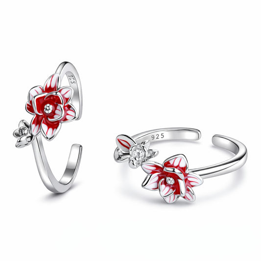 925 Sterling Silver Dual Floral Toe Ring with Red & White Enamel and Crystal Accent
