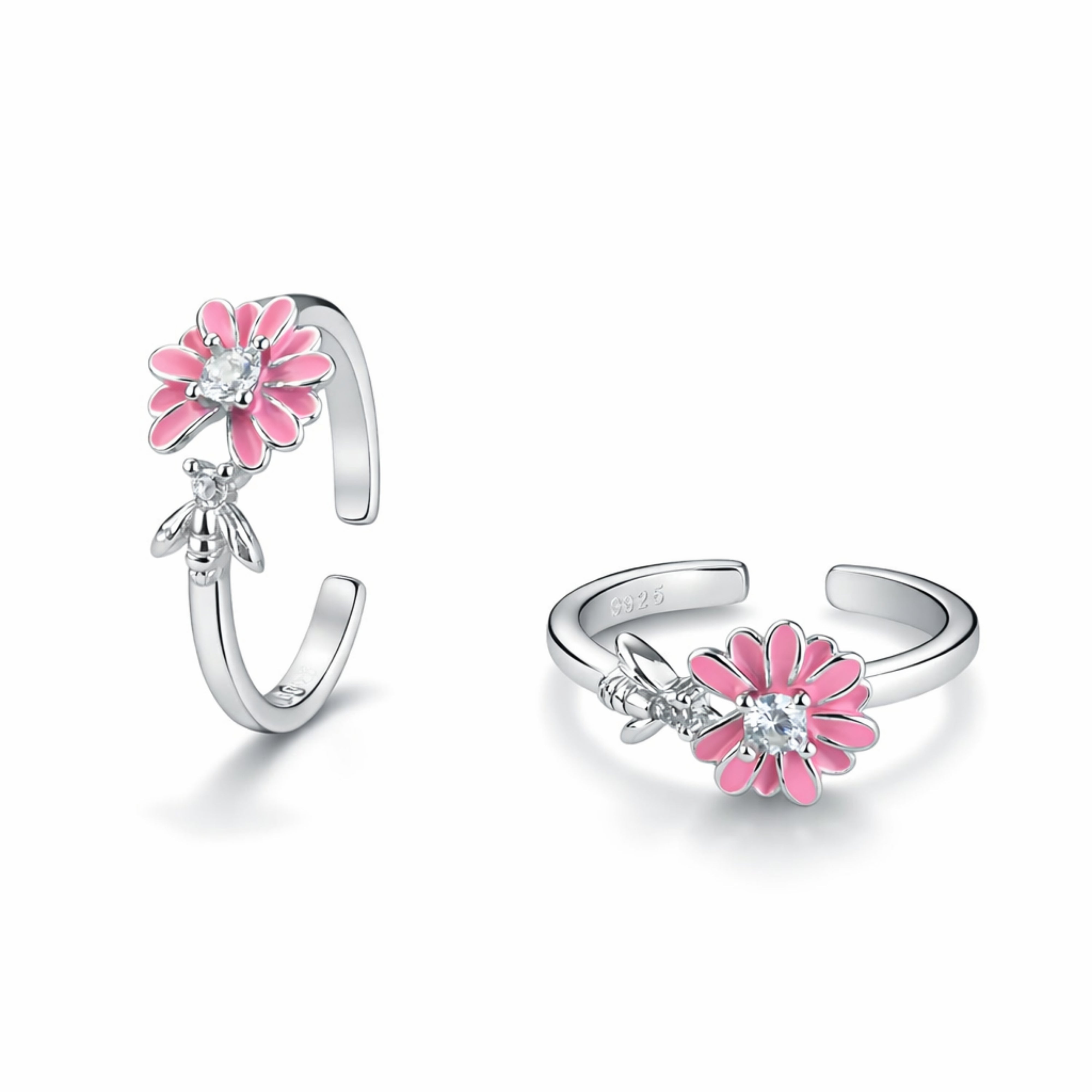 925 Sterling Silver Pink Daisy Toe Ring with Bee Charm & Crystal Accent
