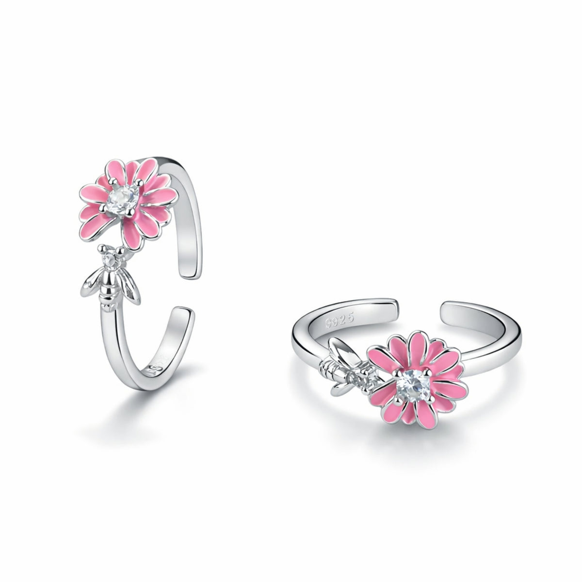 925 Sterling Silver Pink Daisy Toe Ring with Bee Charm & Crystal Accent