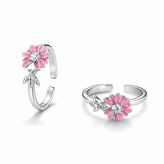 925 Sterling Silver Pink Daisy Toe Ring with Bee Charm & Crystal Accent