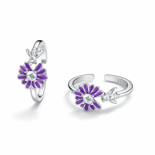 925 Sterling Silver Purple Daisy Toe Ring with Bee Charm & Crystal Accent