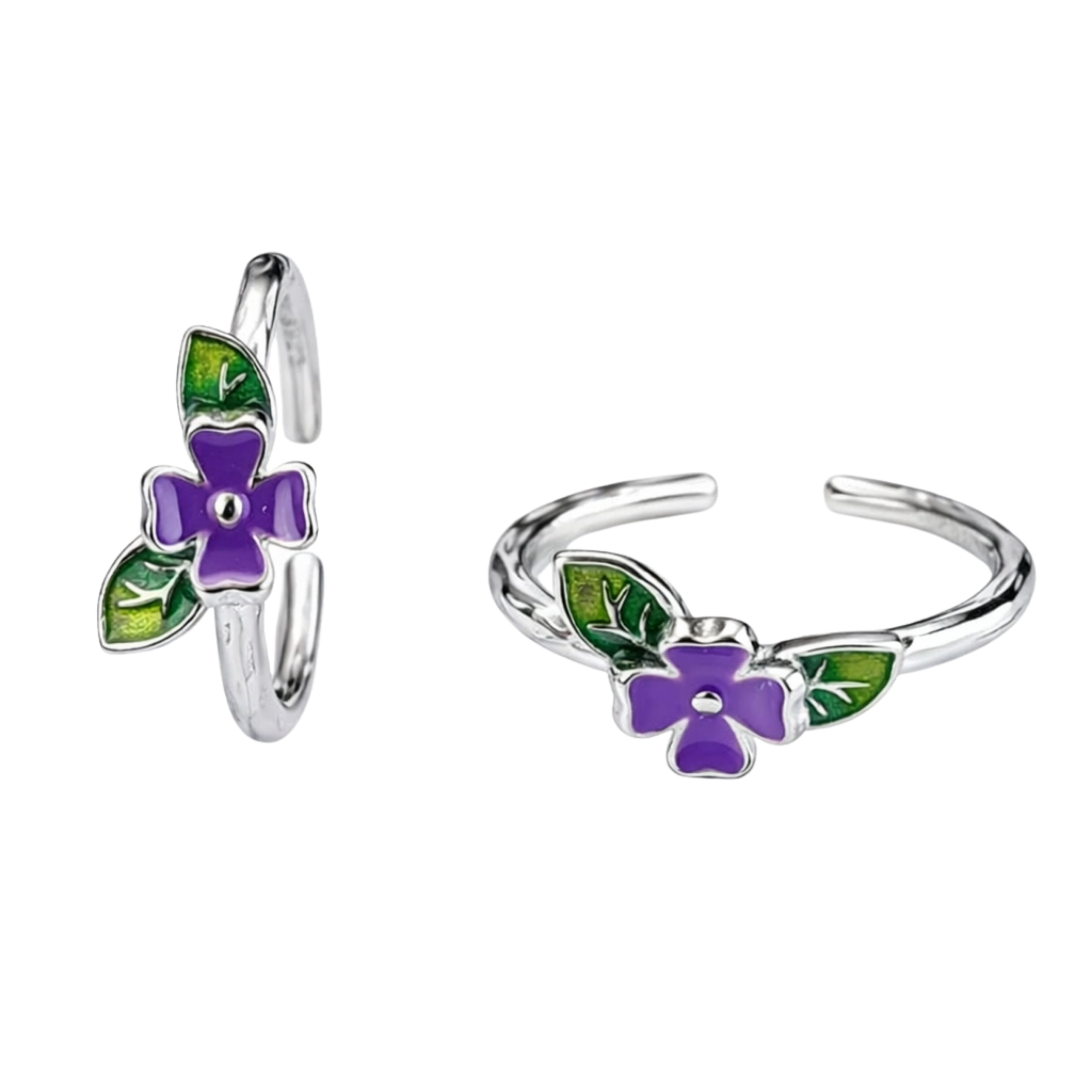 925 Sterling Silver Purple Flower Toe Ring with Green Leaf Enamel Design