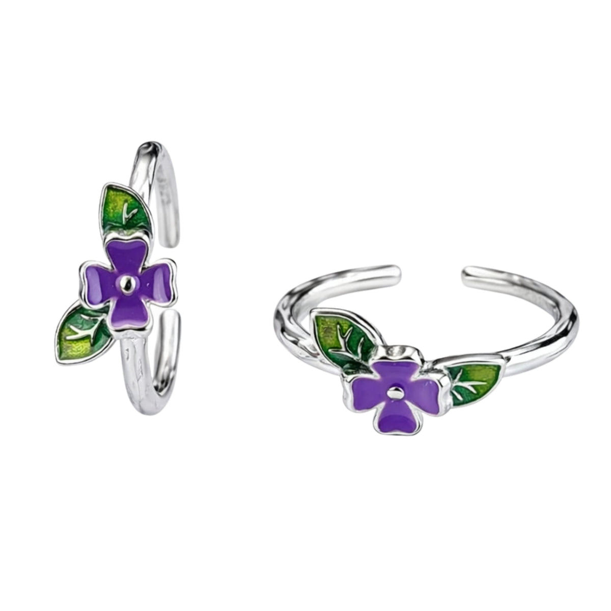 925 Sterling Silver Purple Flower Toe Ring with Green Leaf Enamel Design