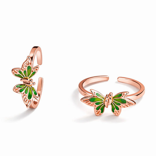 925 Sterling Silver Rose Gold Butterfly Toe Ring with Green Enamel Wings