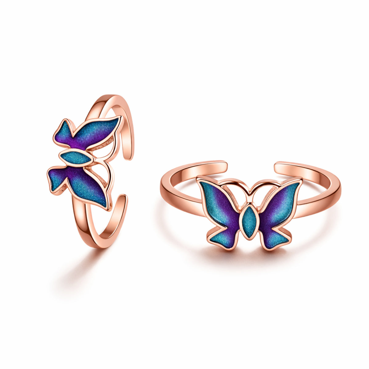 925 Sterling Silver Rose Gold Butterfly Toe Ring with Purple & Teal Enamel