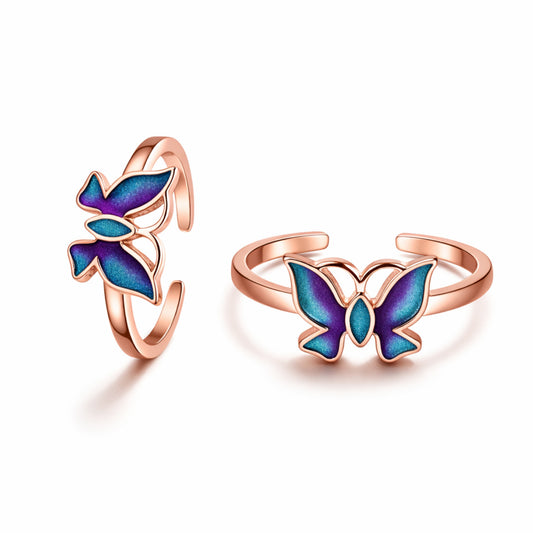 925 Sterling Silver Rose Gold Butterfly Toe Ring with Purple & Teal Enamel