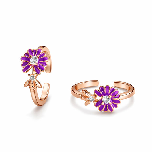 925 Sterling Silver Rose Gold Toe Ring with Purple Daisy Flower & Bee Charm