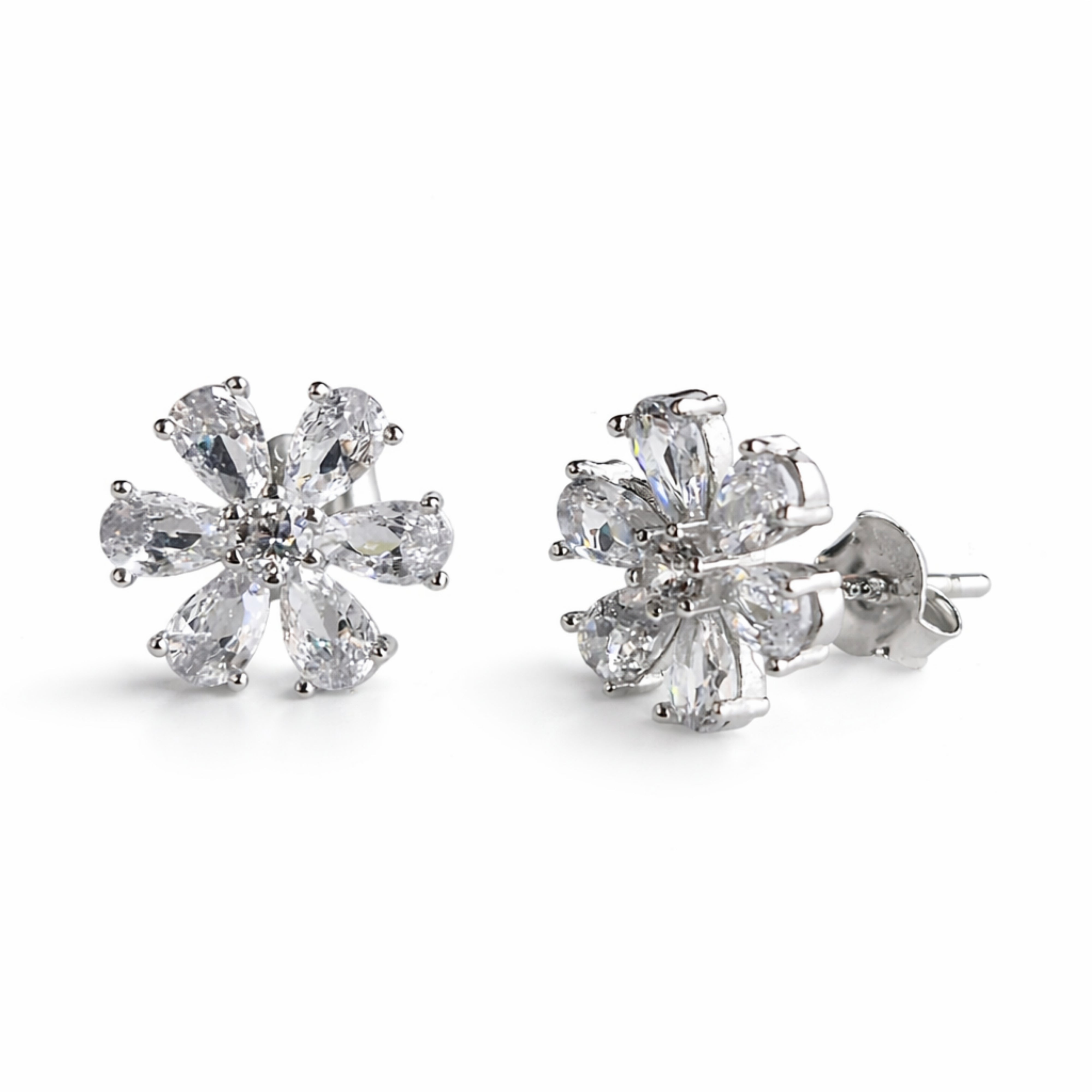 925 Sterling Silver Crystal Flower Stud Earrings