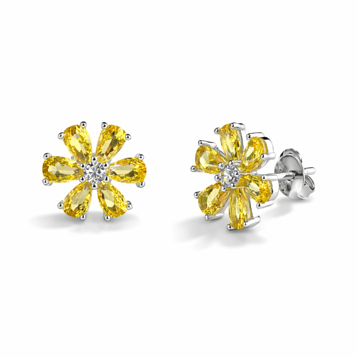 925 Sterling Silver Yellow Crystal Flower Stud Earrings