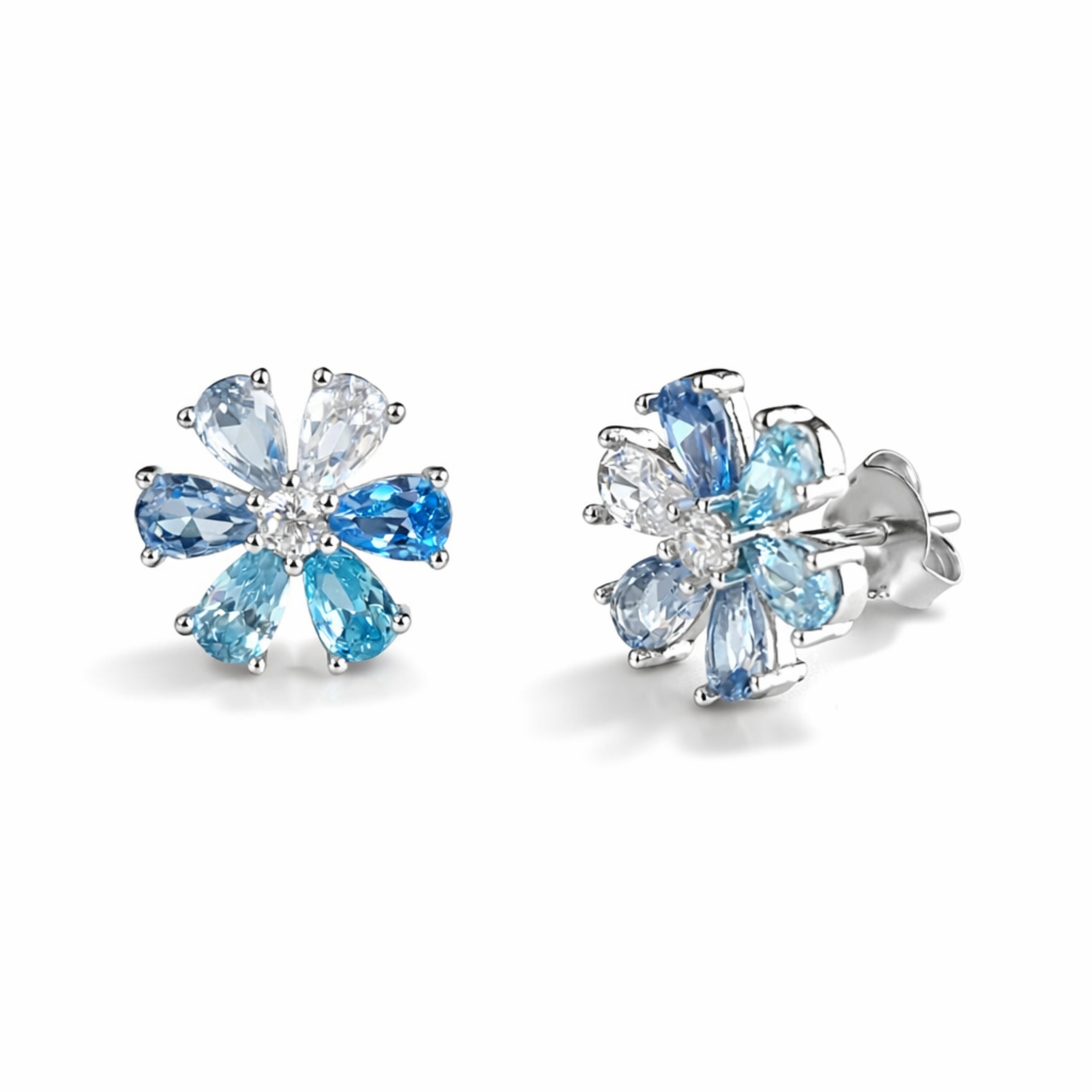 925 Sterling Silver Blue Crystal Flower Stud Earrings