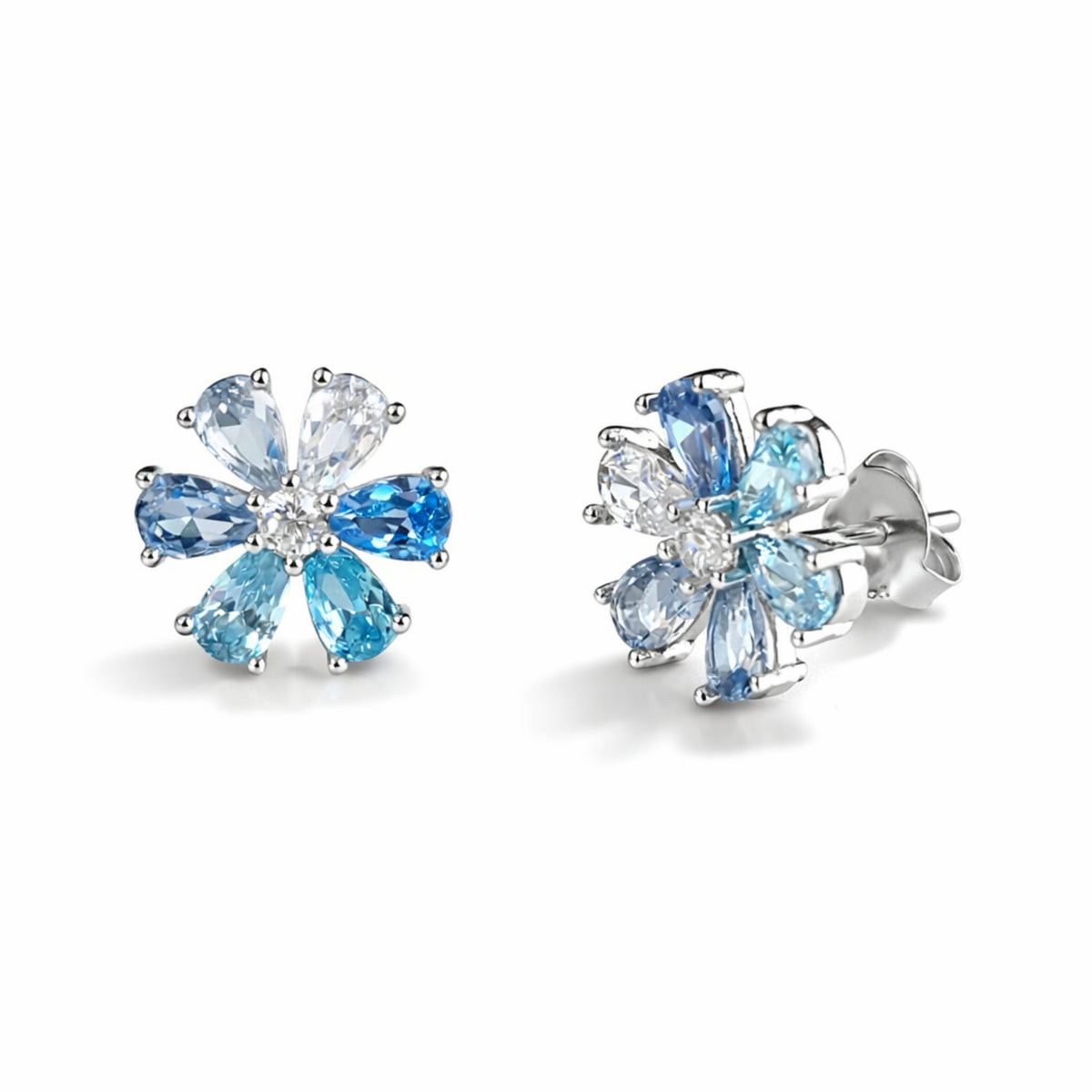 925 Sterling Silver Blue Crystal Flower Stud Earrings