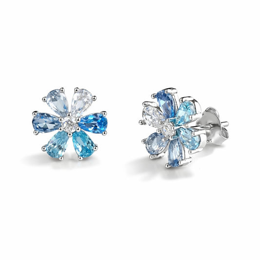 925 Sterling Silver Blue Crystal Flower Stud Earrings