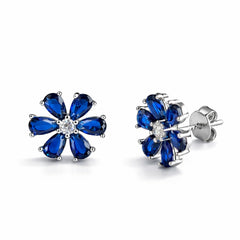 925 Sterling Silver Royal Blue Crystal Flower Stud Earrings