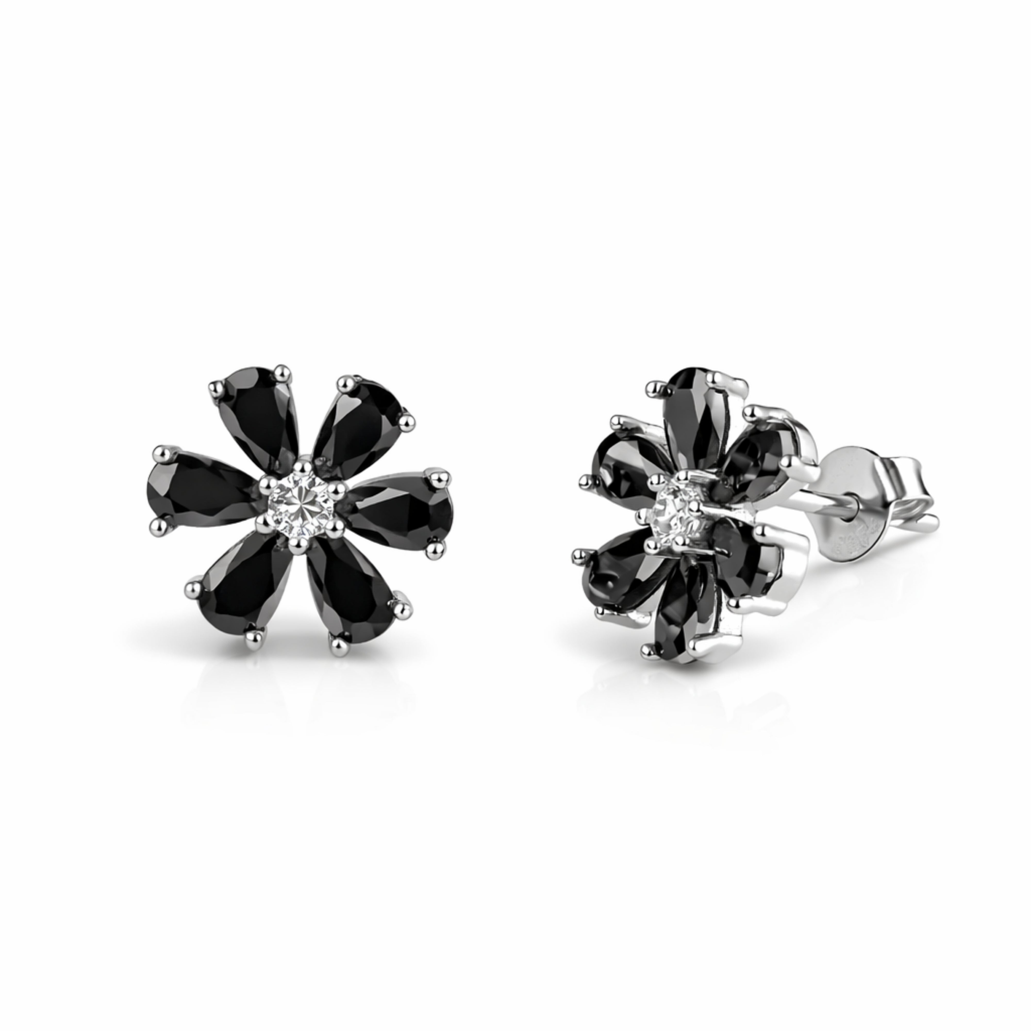 925 Sterling Silver Black Crystal Flower Stud Earrings