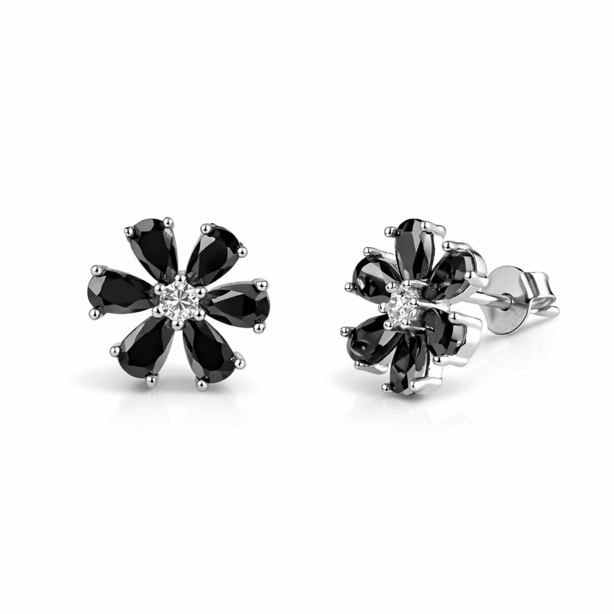 925 Sterling Silver Black Crystal Flower Stud Earrings