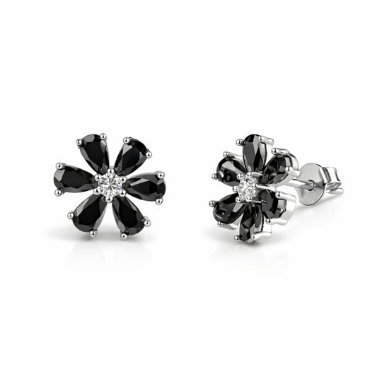 925 Sterling Silver Black Crystal Flower Stud Earrings