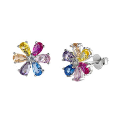 925 Sterling Silver Multicolor Crystal Flower Stud Earrings