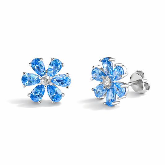 925 Sterling Silver Sky Blue Crystal Flower Stud Earrings