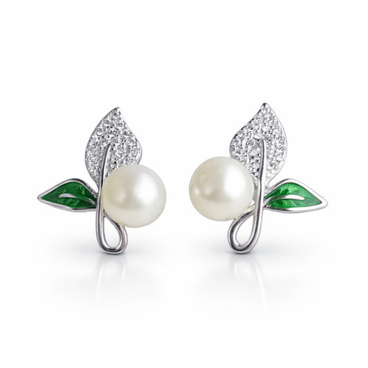 925 Sterling Silver Pearl Leaf Stud Earrings