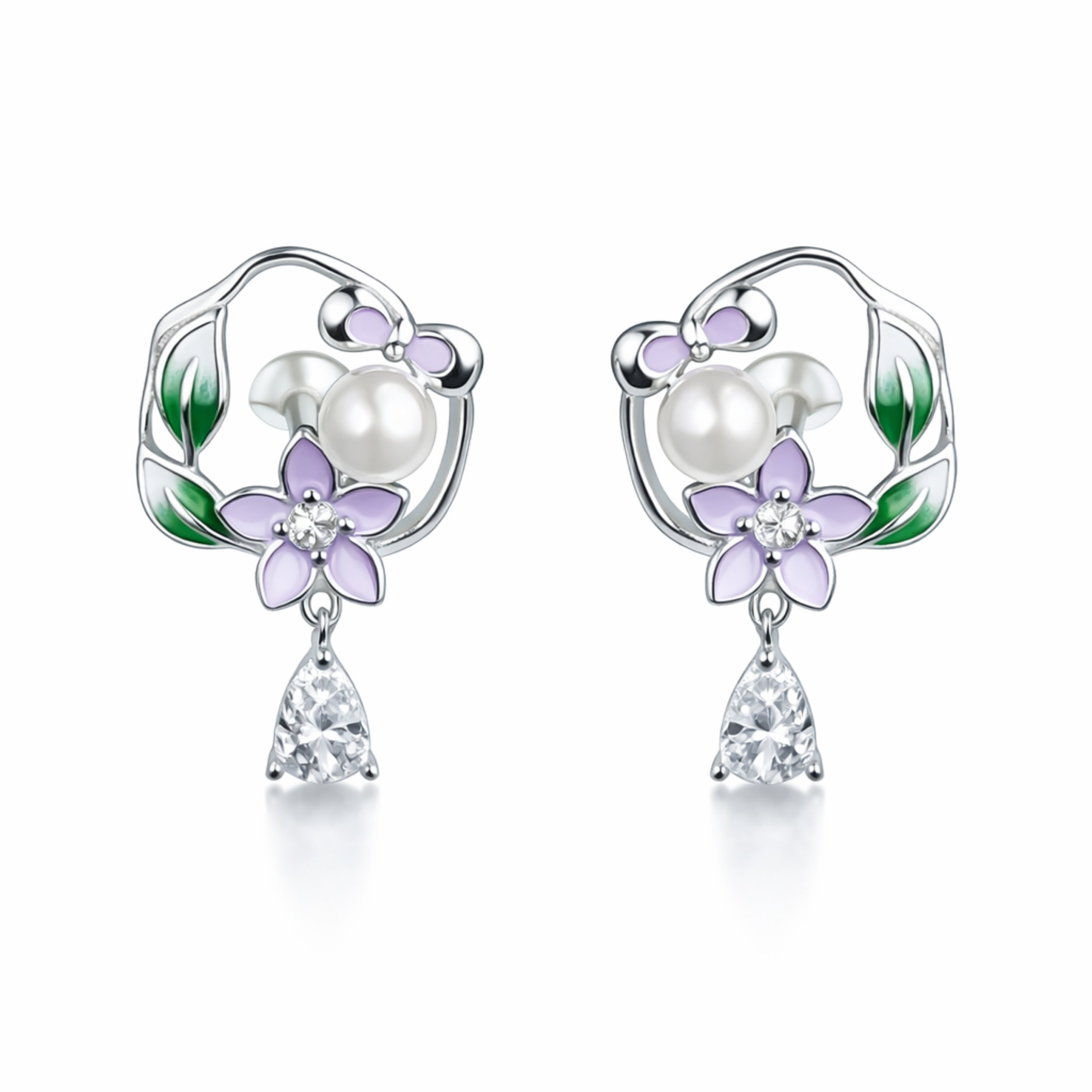 925 Sterling Silver Pearl Floral Drop Earrings