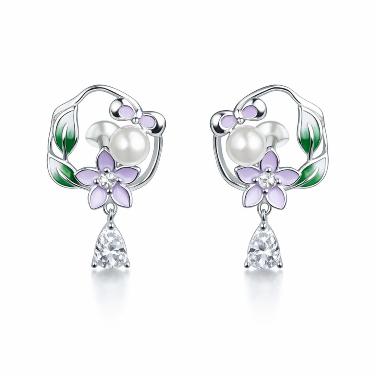 925 Sterling Silver Pearl Floral Drop Earrings