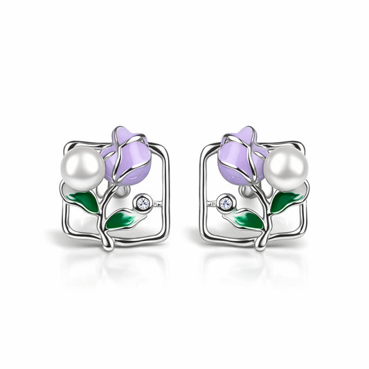 925 Sterling Silver Lavender Rose Pearl Stud Earrings