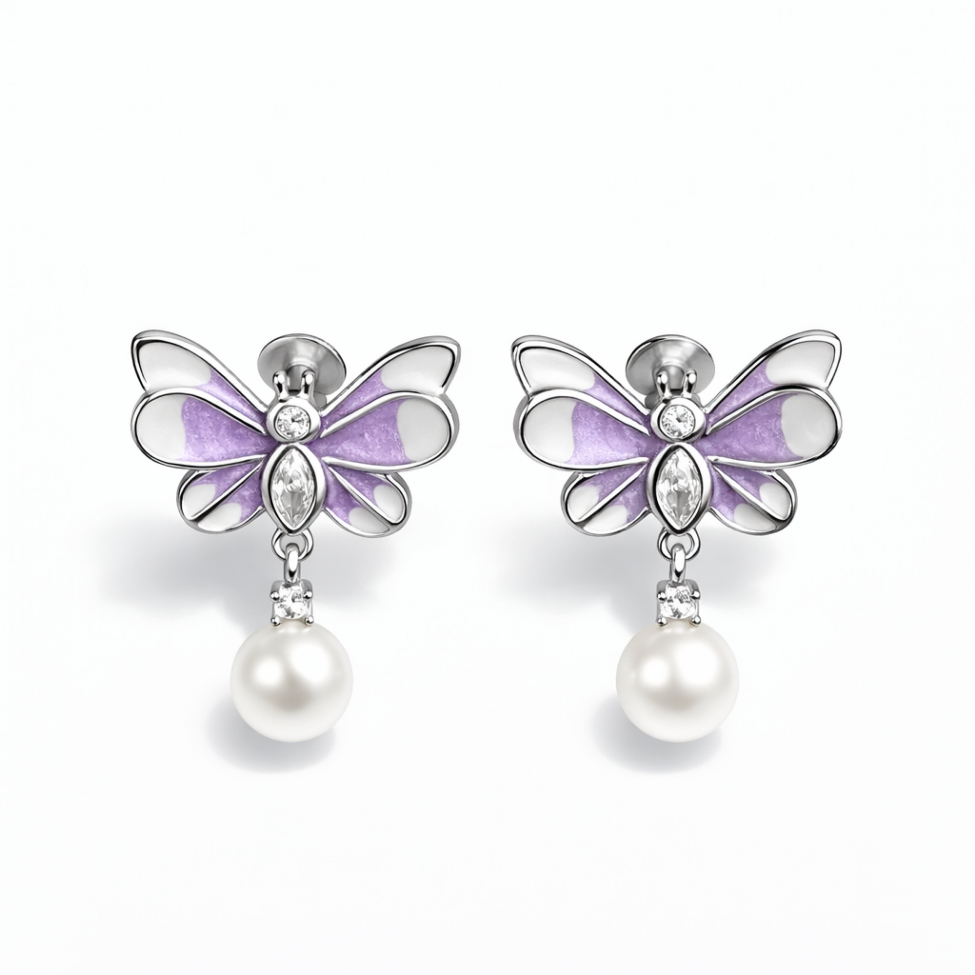 925 Sterling Silver Lavender Butterfly Pearl Drop Earrings