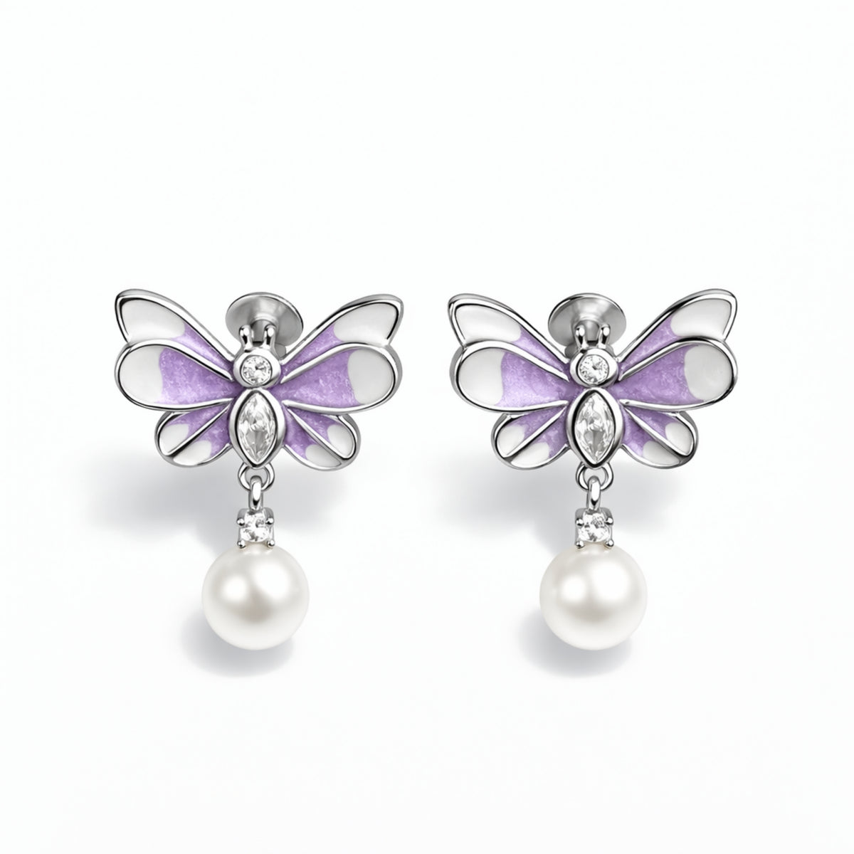 925 Sterling Silver Lavender Butterfly Pearl Drop Earrings