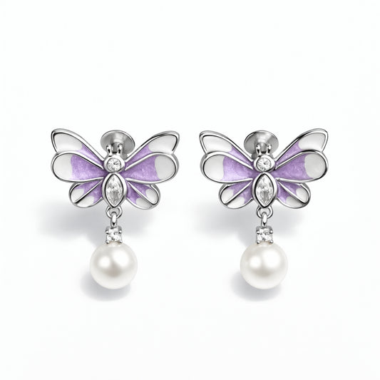 925 Sterling Silver Lavender Butterfly Pearl Drop Earrings