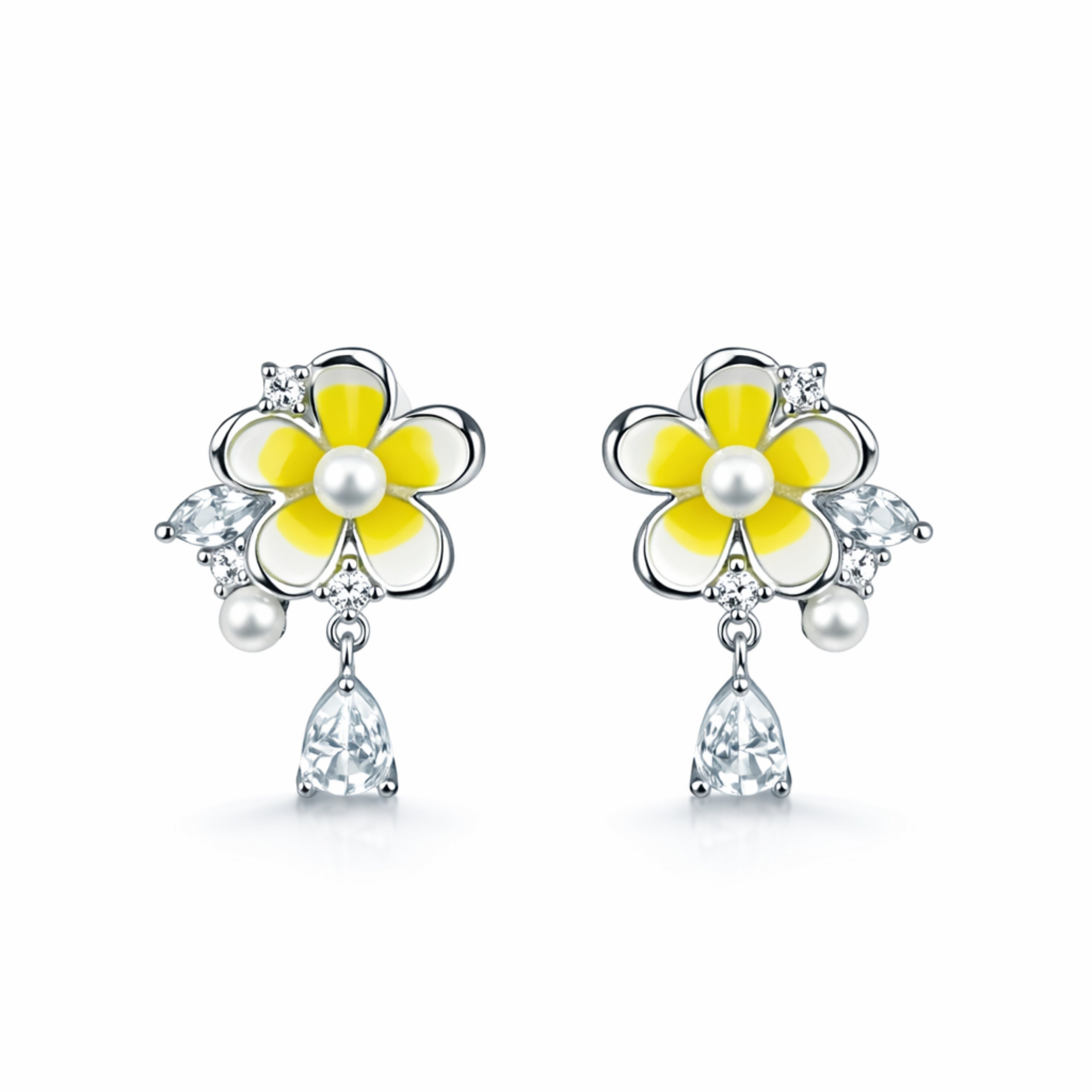 925 Sterling Silver Yellow Daisy Pearl Drop Earrings