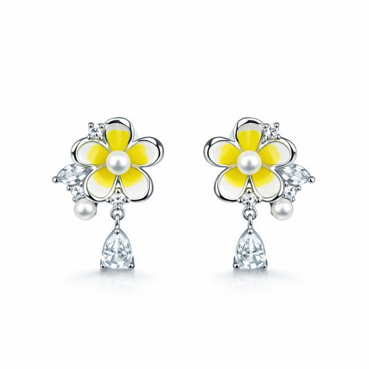 925 Sterling Silver Yellow Daisy Pearl Drop Earrings